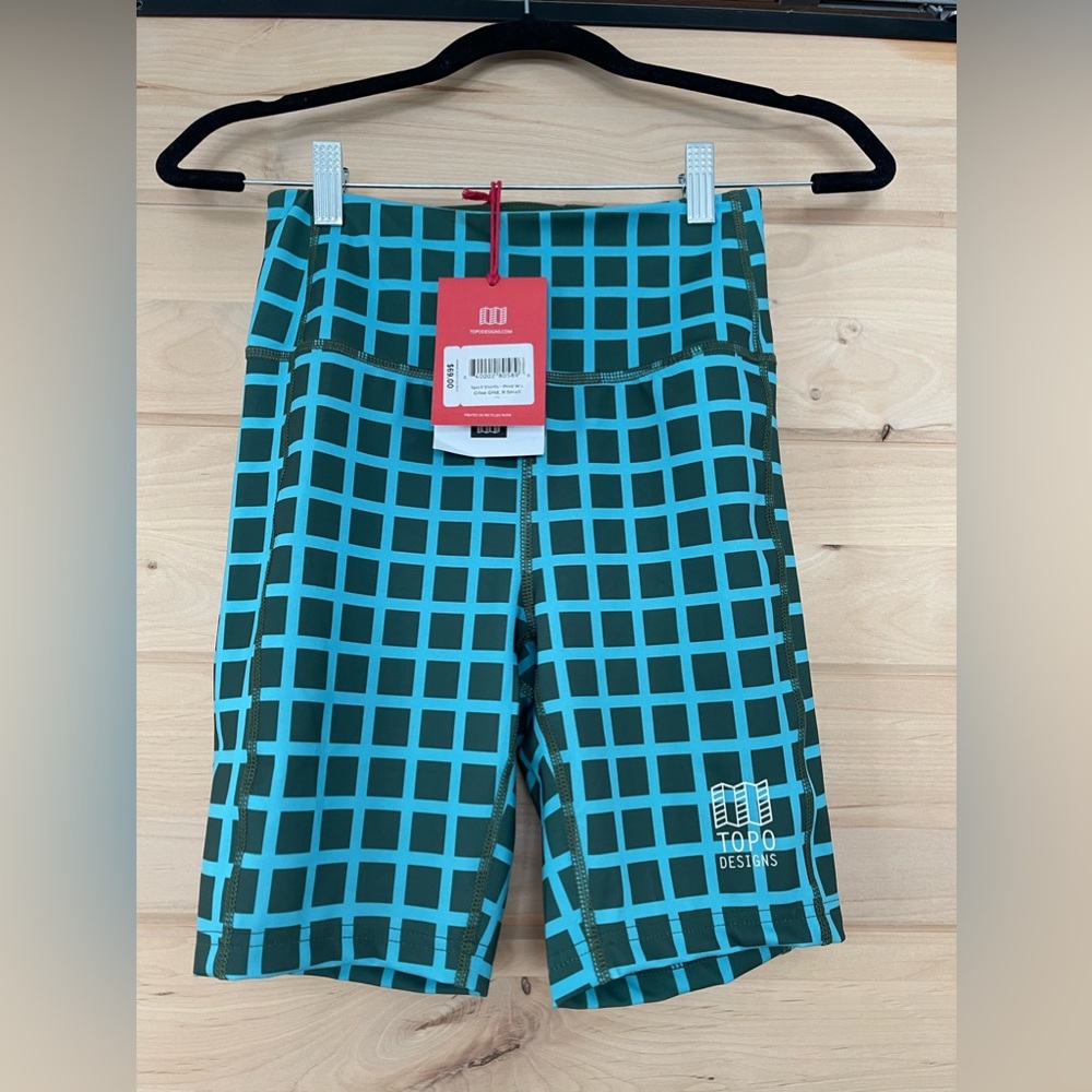NWT! Topo Designs XS Checked Bike Shorts in blue & green